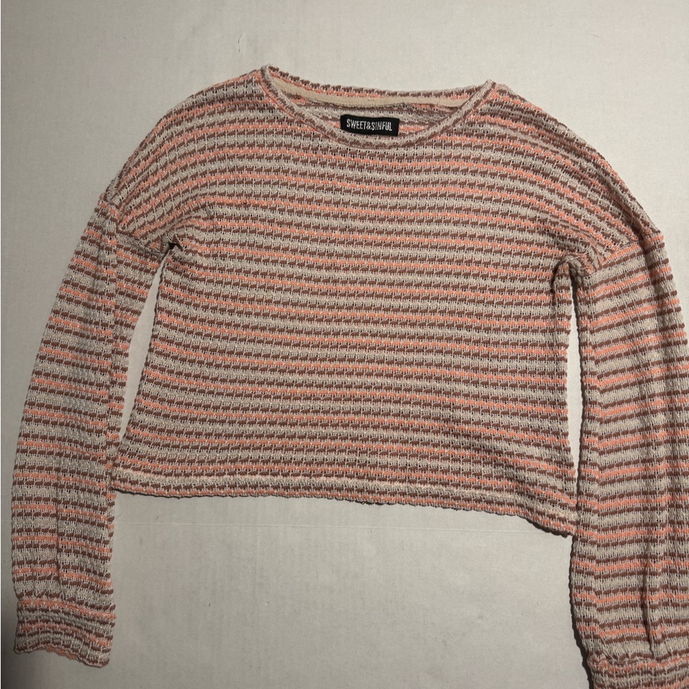 Sweet&Sinful Horizontal Striped Peach Tan LS Crop Top Shirt, Medium